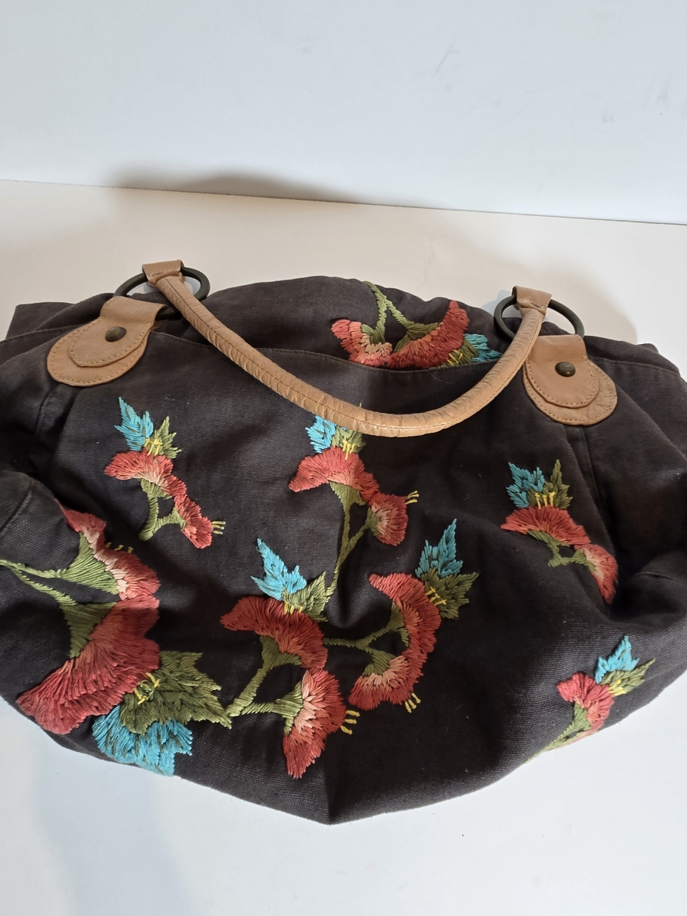 Anthropologie Embroided Floral Tote Satchel With Leather Handles